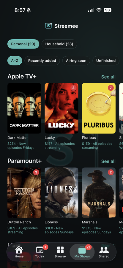 Streemee My Shows list