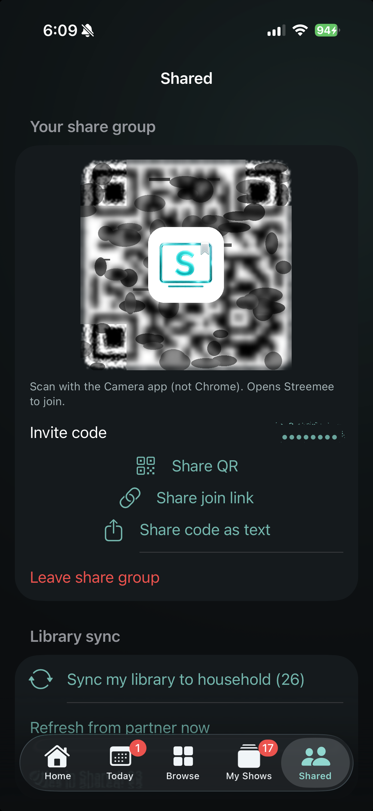 Streemee Shared tab with invite QR and code